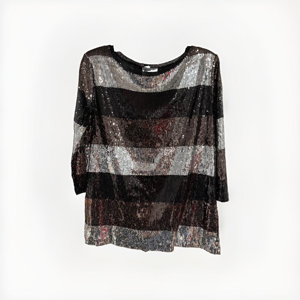 Lynn Ritchie Silver Womens L Sequin Top Black Silver Bronze 3/4 Sleeve Party F46